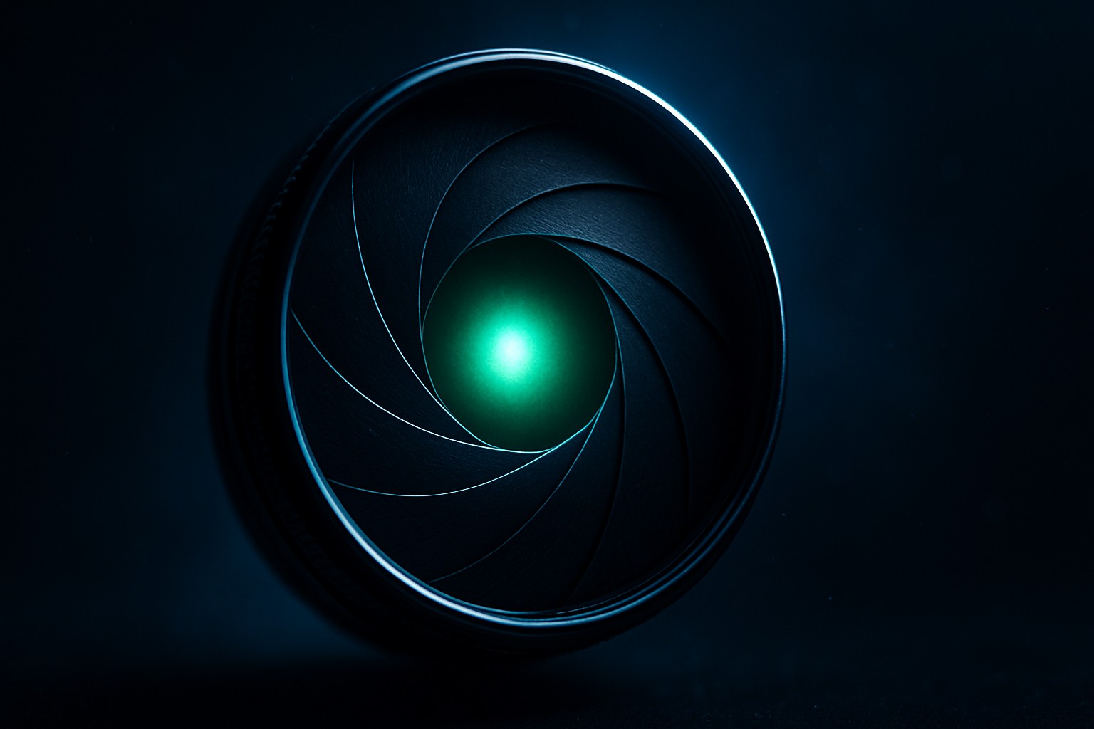 A macro precision camera-lens iris with an emerald-green-into-cyan glowing core, dark metal blades partially open.