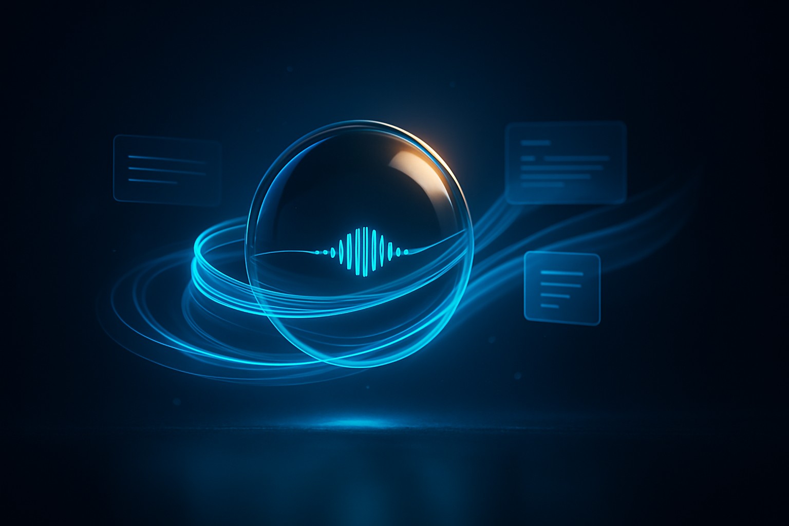 A glowing glass-and-light AI orb wrapped in cyan sound-wave ribbons, floating over a dark surface.