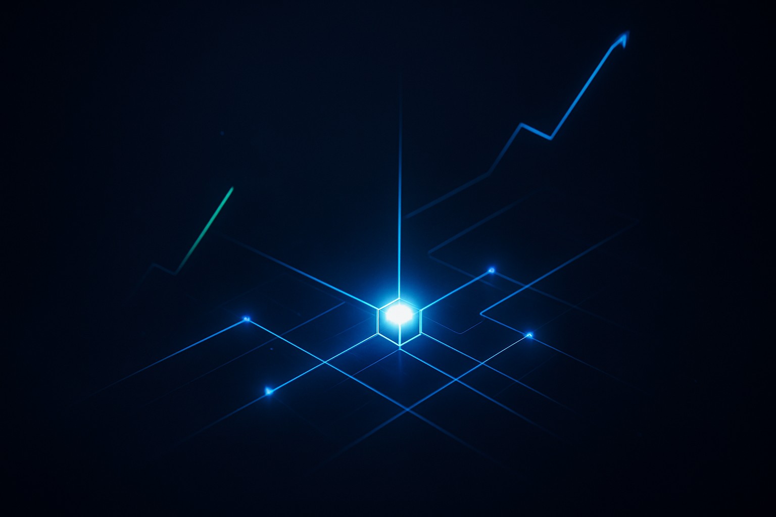A dark three-dimensional signal-engine node graph glowing electric-blue on a navy void.