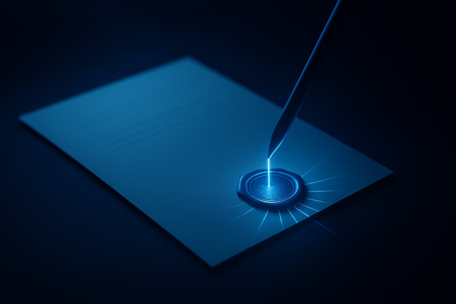 A white document on a dark desk being pressed with an electric-blue cryptographic seal of light.