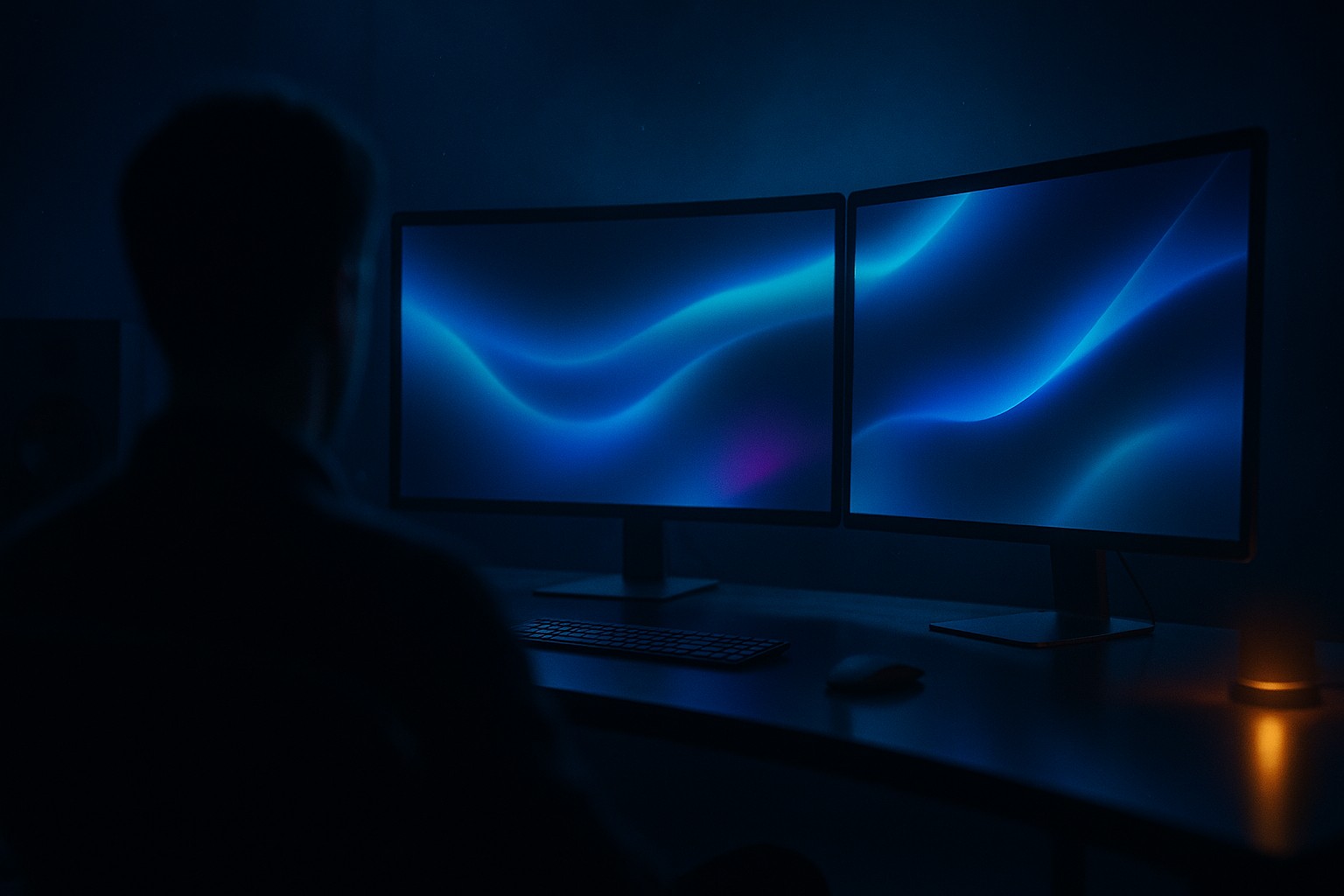 A dark high-end creative studio with monitors washing the room in cyan and magenta light.