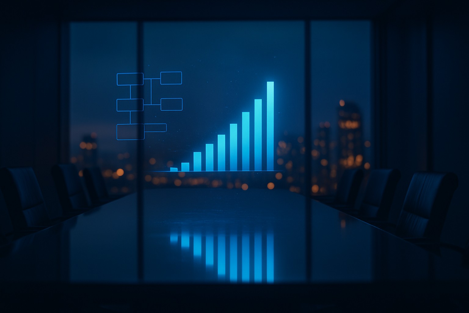 A dark high-floor capital-markets meeting room at dusk with faint holographic deal diagrams over a glass table.