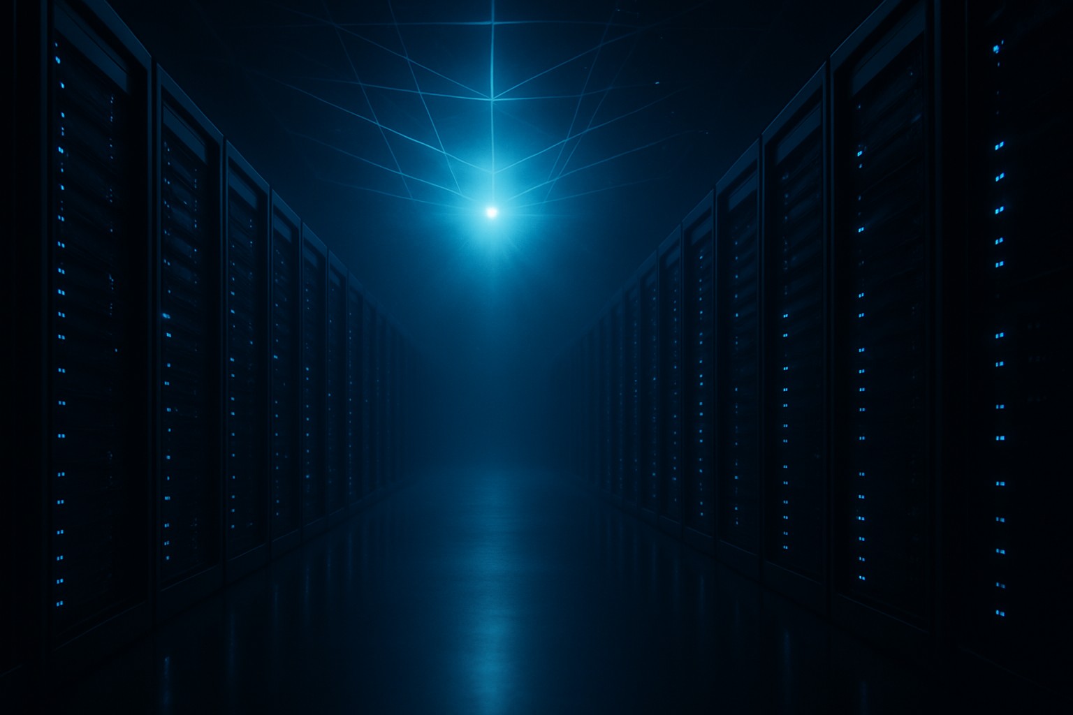 A vast dark server hall with rows of racks receding into cyan-lit fog, converging on one bright central core.