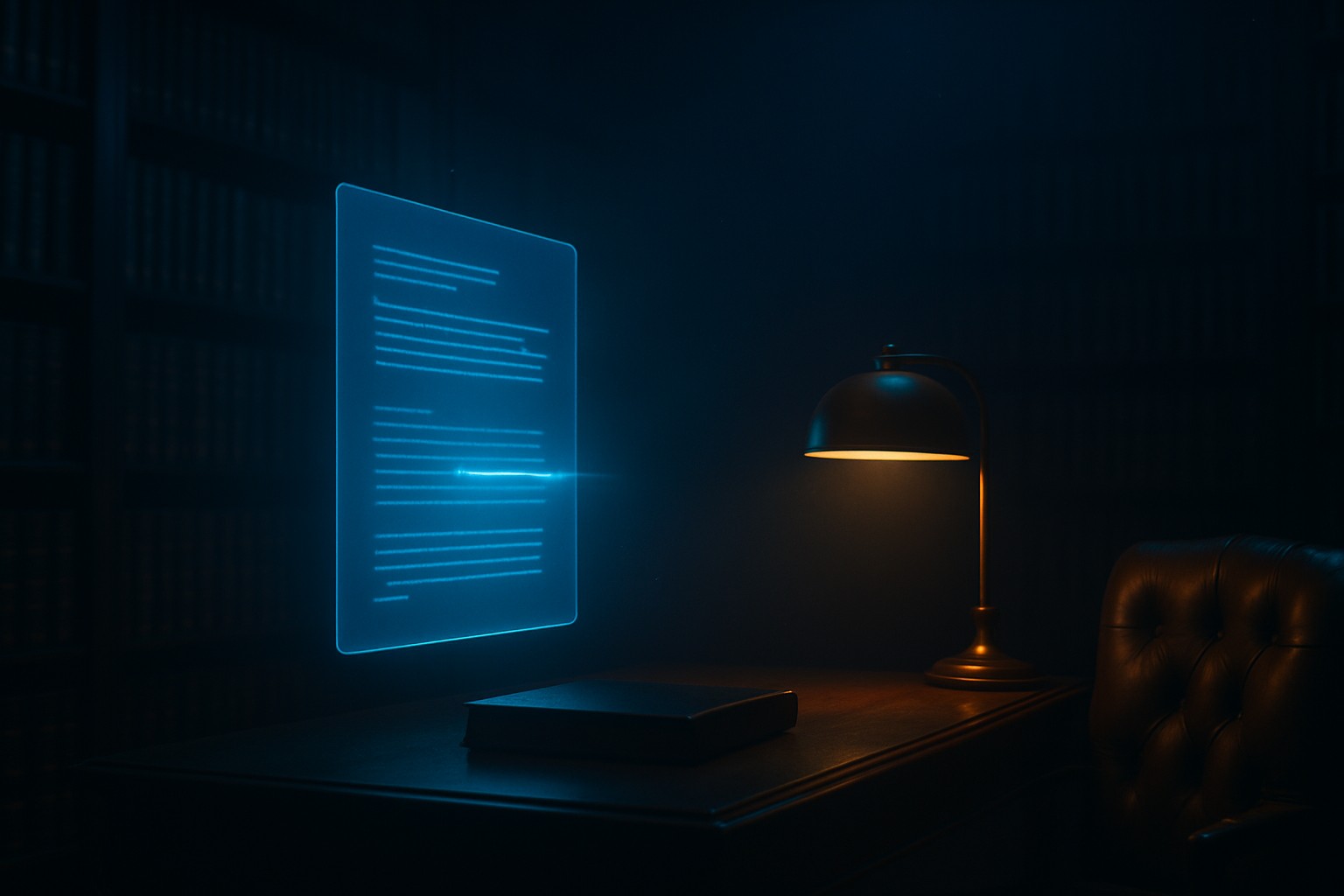 A dark modern law library with a cool cyan document panel hovering above a warm-lit reading table.