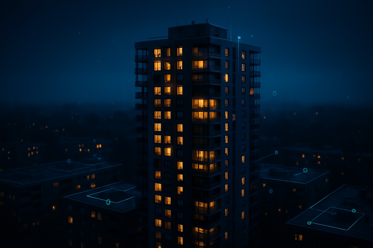 A cinematic dusk aerial of a modern multifamily tower with faint cyan analytic contour lines.
