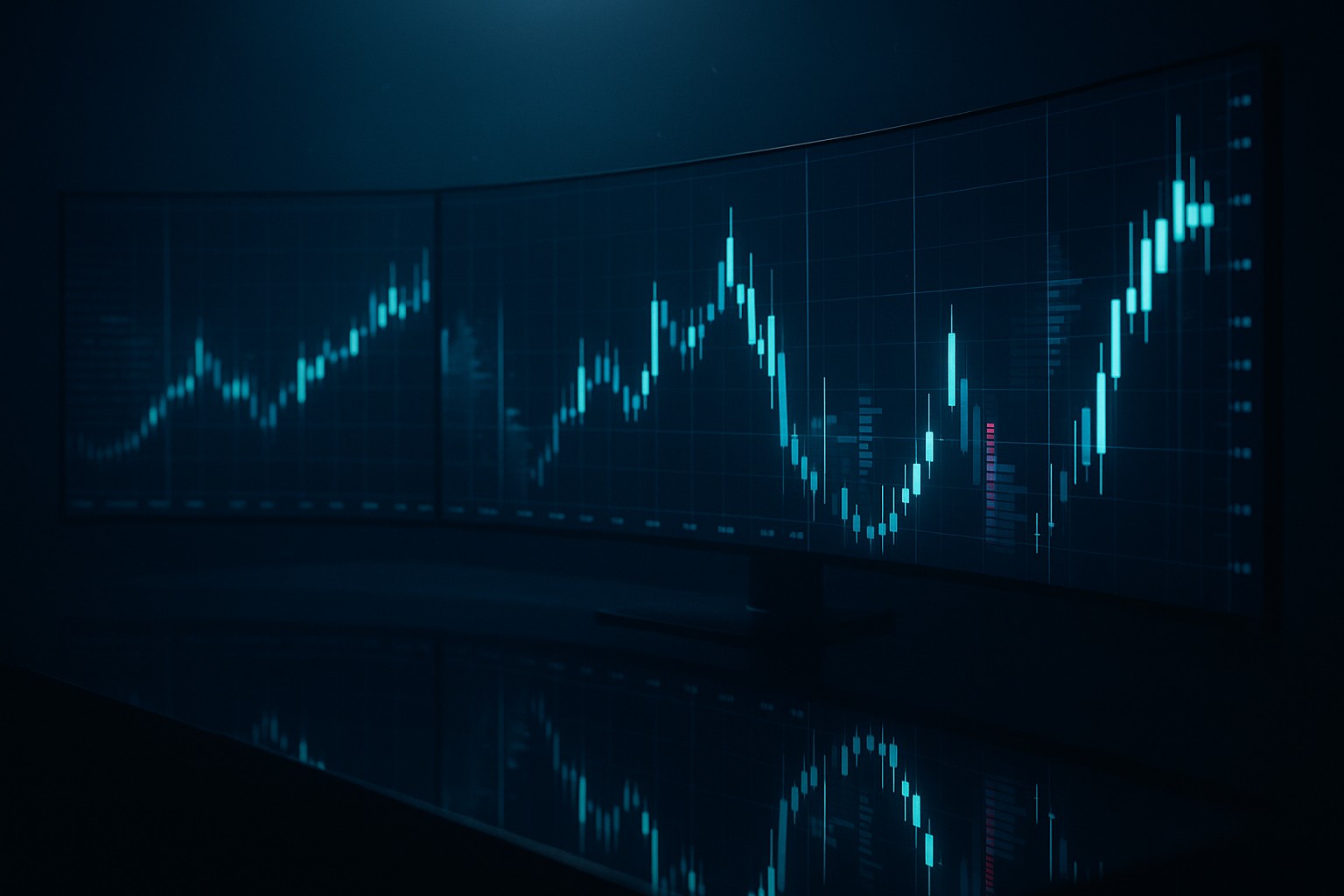A dark trading wall with curved multi-screen array glowing with abstract candlestick and depth-of-market light patterns.